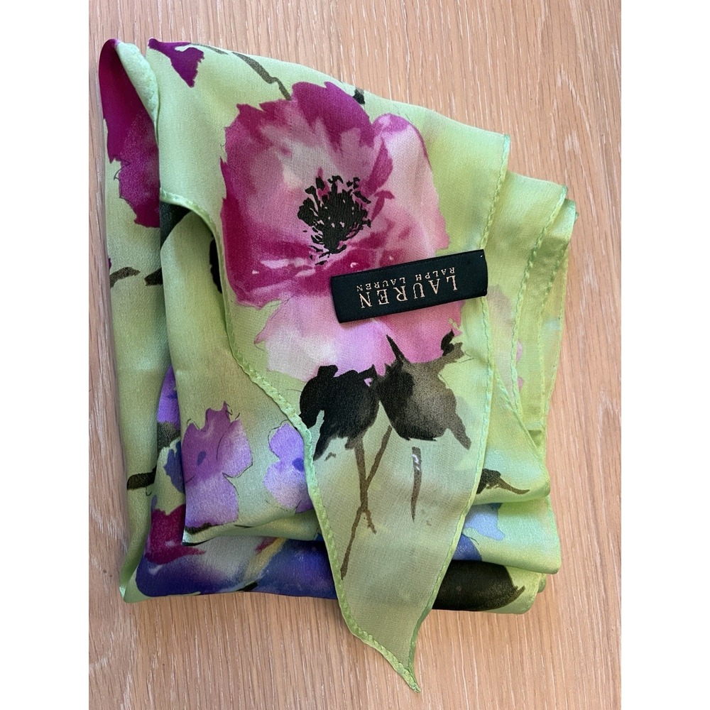 VTG Ralph Lauren Silk Scarf Lime Green Fuchsia Purple Floral Print